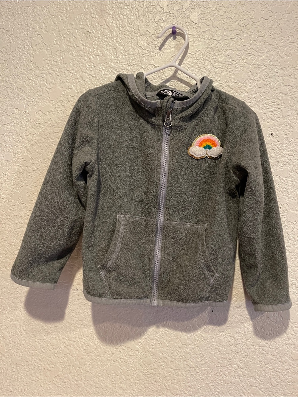 The North Face Olive Green Kids' Hooded Fleece Jacket with Rainbow Patch